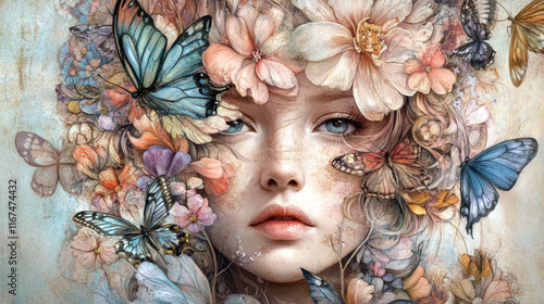An artistic representation of a woman’s face surrounded by blooming flowers and butterflies, symbolizing growth