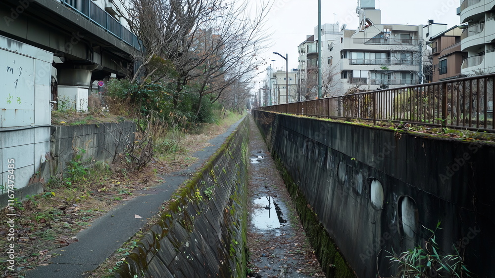 Large drain beside the residential neighbourhood of house to prevent flash flood during heavy rain, rainwater drainage Large drain beside the residential neighbourhood of house to prevent flash flood during heavy rain, rainwater drainage