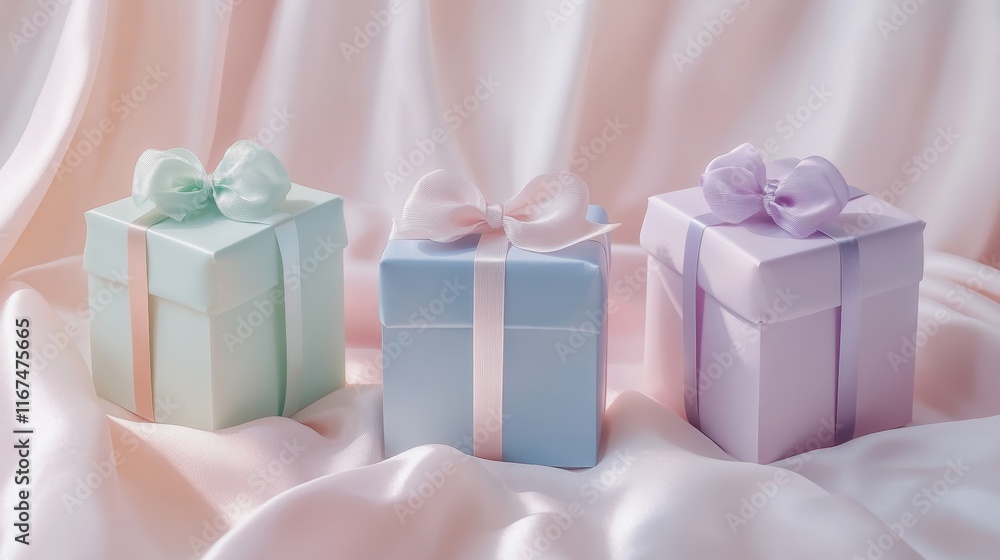 Obraz premium A set pastel-colored gift boxes with satin ribbons, adorned with bows and delicate textures