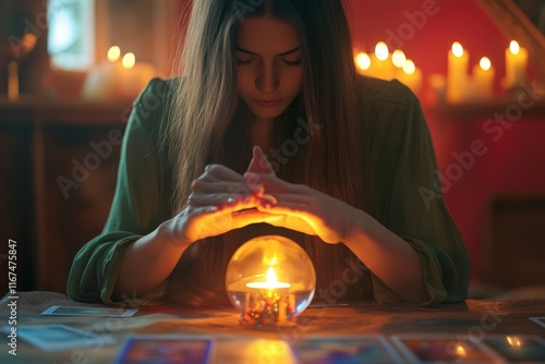 Closeup image of a palmist examining the palm lines of a woman photo