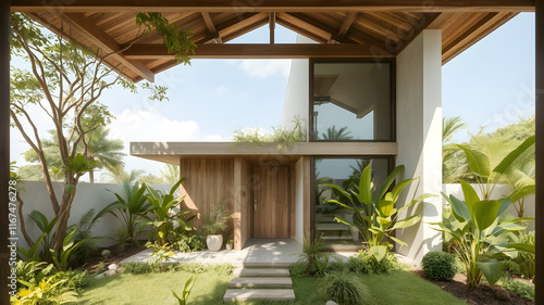 an image of a serene and sustainable small architectural project. It should feature elements of balinese architecture style, such as natural materials, open spaces, glass, lots of vegettion and a conn photo