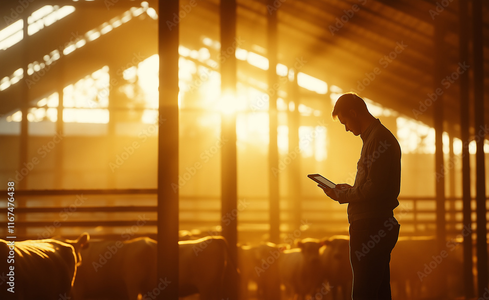 A silhouette of a farmer using a tablet inside a sunlit barn surrounded by cattle, capturing agriculture and technology.