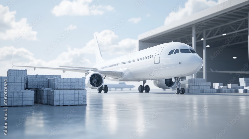 A modern airplane near a hangar with cargo stacks, showcasing aviation and logistics. A modern airplane near a hangar with cargo stacks, showcasing aviation and logistics.