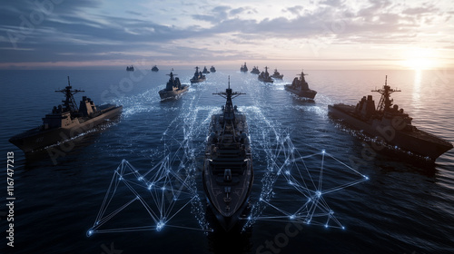 A high-tech naval concept showing a digital network overlay on the ocean with warships silhouetted against the horizon.