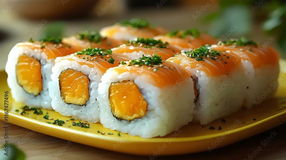 A plate of sushi with a yellow plate and a green herb A plate of sushi with a yellow plate and a green herb