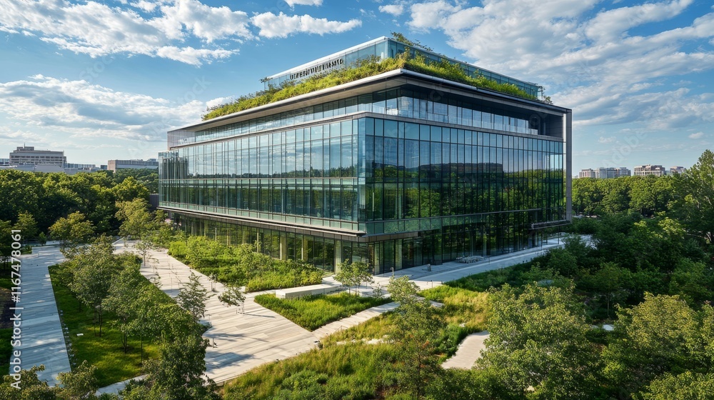 A high-rise office building with green rooftops incorporating sustainable architecture A high-rise office building with green rooftops incorporating sustainable architecture