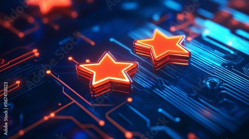 Futuristic glowing red stars on a high-tech blue circuit board, symbolizing innovation, technology, and digital connectivity. photo