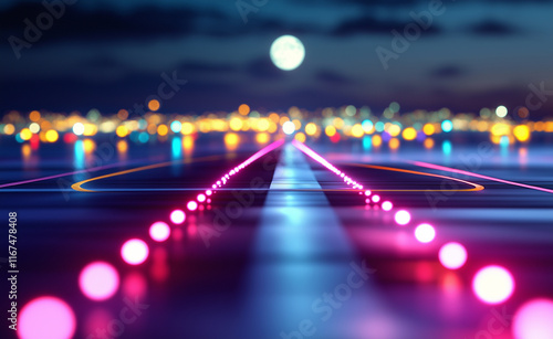 A glowing runway with neon pink lights stretches into the distance under a full moon and a starry night sky. photo