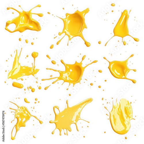 Twelve dynamic yellow liquid splats splashes transparent background