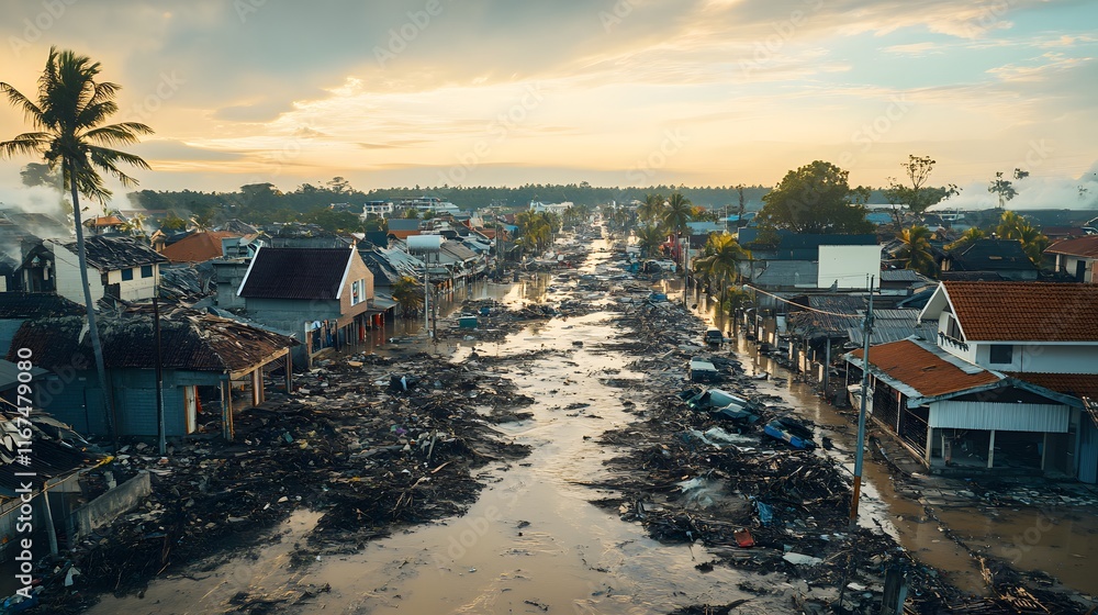 Devastation of a natural disaster in a rural area at sunset, highlighting destruction. Devastation of a natural disaster in a rural area at sunset, highlighting destruction.
