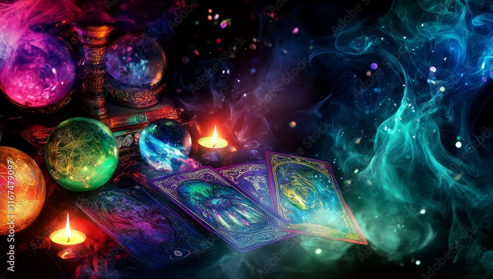 Envision a magic table adorned with tarrot cards, candles, and crystals, ideal for fortune telling. This setup is a blend of astrology and esoteric practices Envision a magic table adorned with tarrot cards, candles, and crystals, ideal for fortune telling. This setup is a blend of astrology and esoteric practices