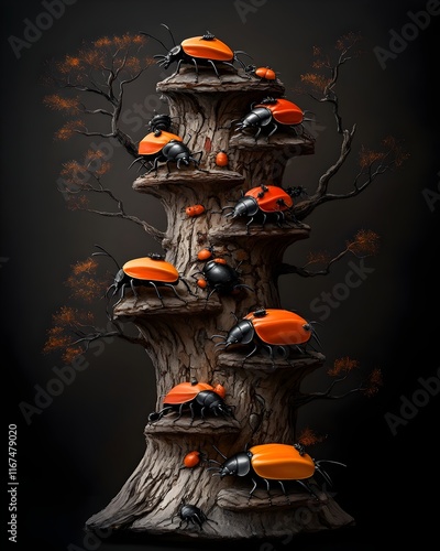 Hypnotic swarm of scarab beetles amassed on the weathered surface of a sprawling tree trunk captivated by the intoxicating pheromone trail photo