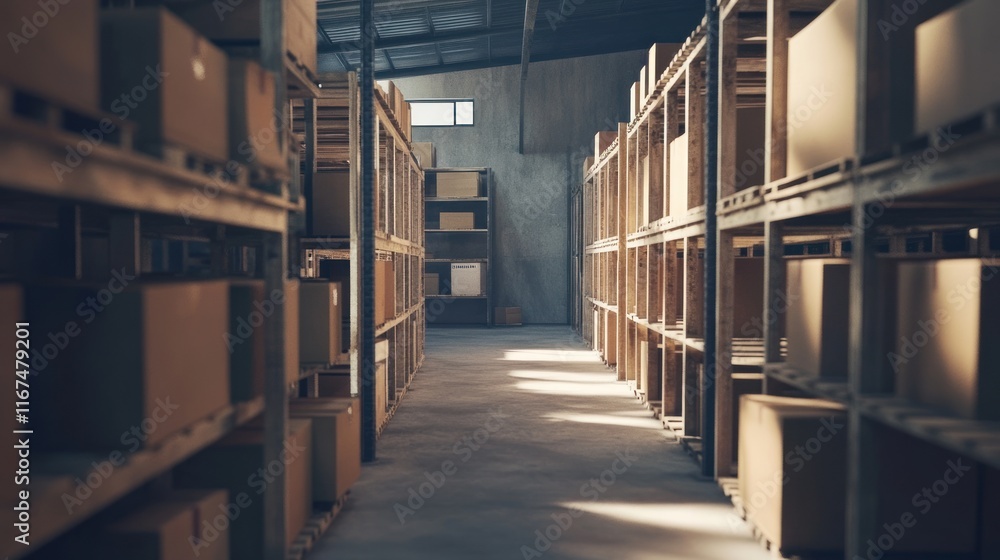 Warehouse Interior: Rows of Cardboard Boxes on Metal Shelving Warehouse Interior: Rows of Cardboard Boxes on Metal Shelving