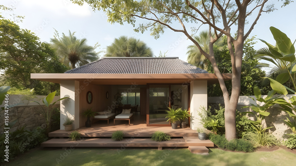 Naklejka premium an image of a serene and sustainable small architectural project. It should feature elements of balinese architecture style, such as natural materials, open spaces, glass, lots of vegettion and a conn