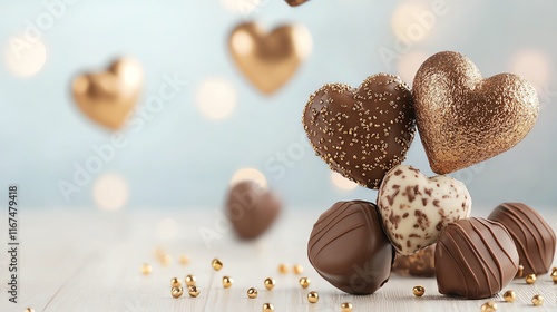 Valentineinspired chocolate bonbons displayed with floating golden heart decor photo