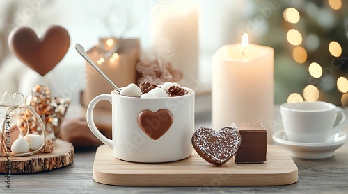 Valentineinspired chocolate fondue set, steaming with elegant decor in the background photo