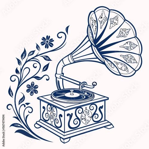 a vintage gramophone pattern design with a recorder on a white background 