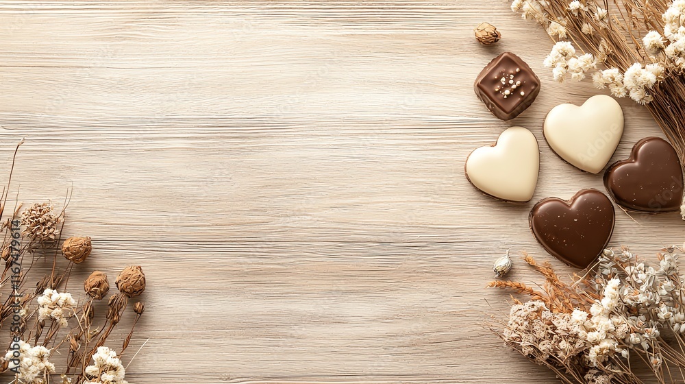 Rustic wooden table with handmade chocolates and dried flower arrangements, cozy Valentine aesthetics Rustic wooden table with handmade chocolates and dried flower arrangements, cozy Valentine aesthetics