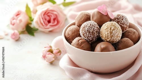 Roseinfused chocolate truffles on a light pink fabric, soft and feminine Valentine atmosphere photo