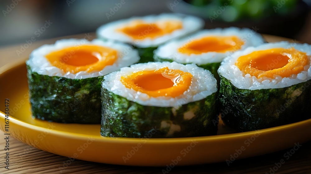 A plate of sushi with a yellow center A plate of sushi with a yellow center
