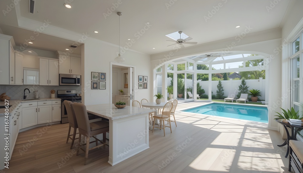 Fototapeta premium Sunroom with Pool View, Modern Kitchen, Bright Interior, Home Design
