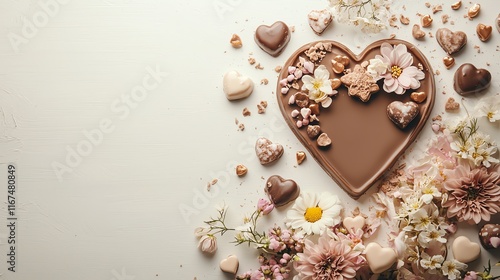 Handmade chocolate shapes infused with Valentinethemed edible flowers, rustic touch photo