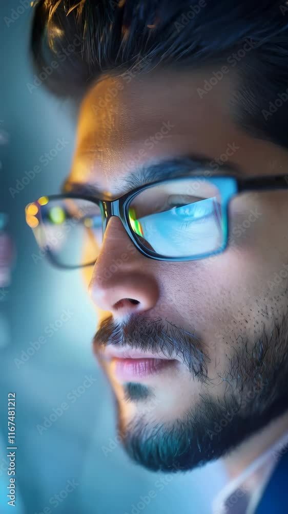 Indian It technician close up with computer screens reflected on his glasses Indian It technician close up with computer screens reflected on his glasses