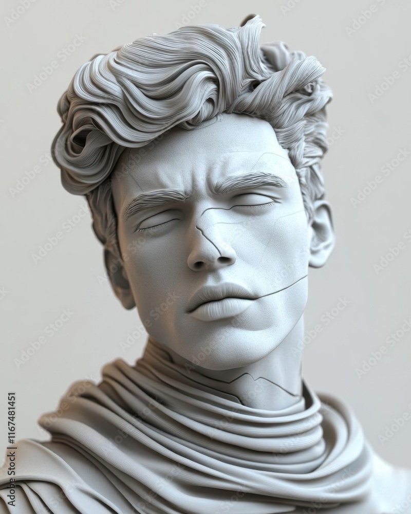 A detailed sculptural bust of a young man with stylized hair and expression. A detailed sculptural bust of a young man with stylized hair and expression.