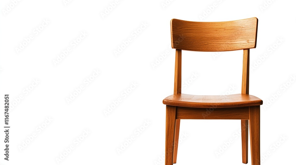 A simple wooden chair stands alone on a white background A simple wooden chair stands alone on a white background