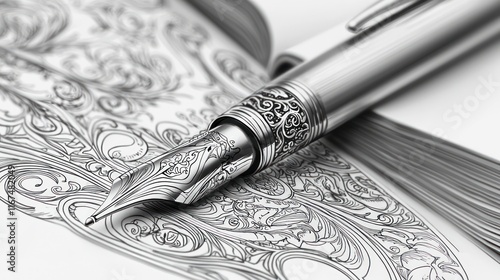 Ornate silver fountain pen rests on an open book filled with intricate designs. photo