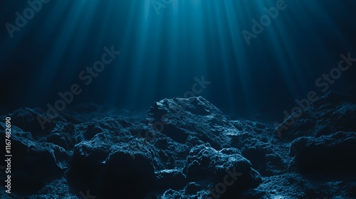 Sunbeams Illuminate Deep Ocean Rocky Seabed photo