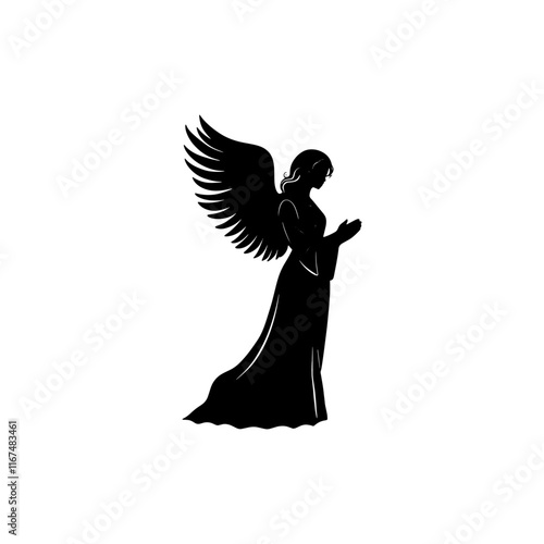A silhouette of Christmas angel woman with wings and a robe. She is praying. The image has a serene and peaceful mood, Silhouette of Flying Beauty Woman Angel Logo.