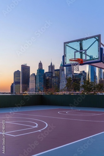 A basketball court with a city skyline at sunset.