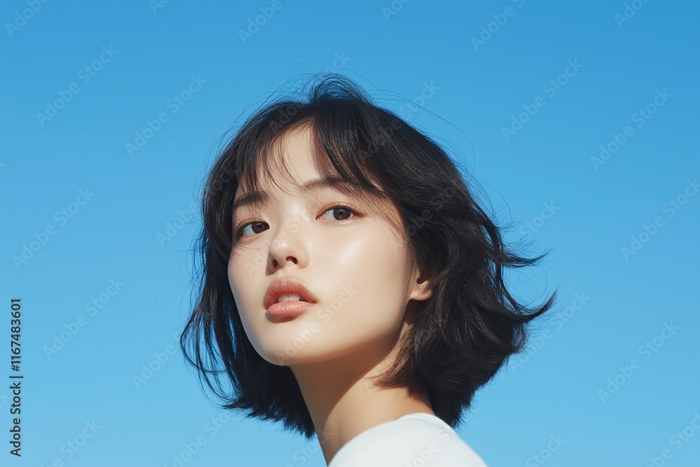 Young woman posing with blue sky background, enjoying summer breeze Young woman posing with blue sky background, enjoying summer breeze