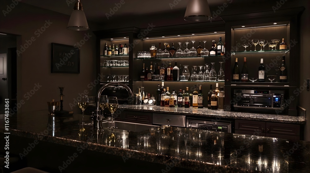 Home Bar with Liquor Bottles, Modern Design, Luxury Interior, Bar Counter Home Bar with Liquor Bottles, Modern Design, Luxury Interior, Bar Counter