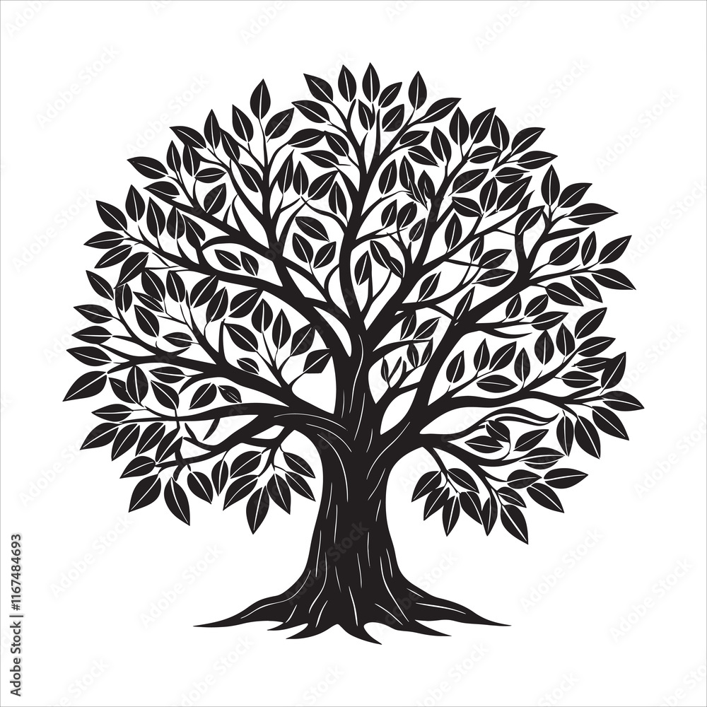 Fototapeta premium Symmetrical Tree with Broad Canopy Vector Illustration in Black and White