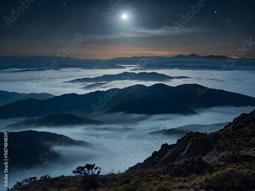 Moonlit Mountain Peaks   Foggy Valley Night Landscape photo