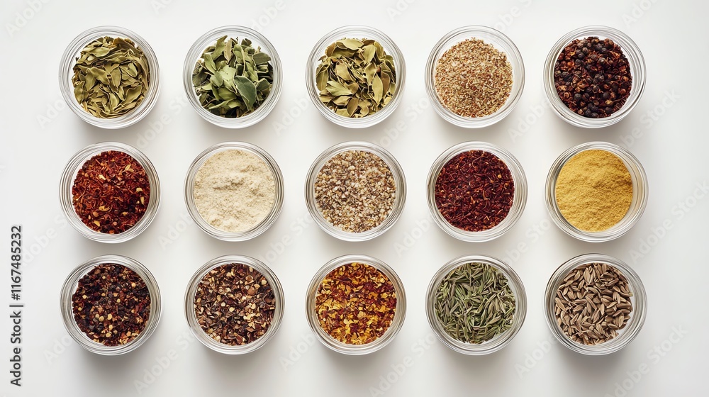 A top-view image of artisanal spice mixes in glass containers on a white background.--ar 16:9 A top-view image of artisanal spice mixes in glass containers on a white background.--ar 16:9