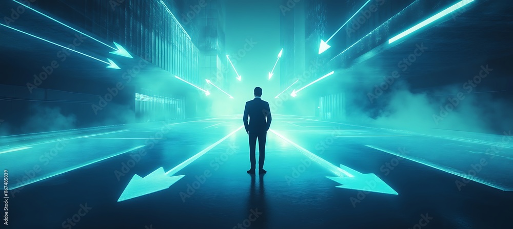 A conceptual image of a businessman standing at a digital crossroads with glowing arrows pointing in different directions, symbolizing business choices. A conceptual image of a businessman standing at a digital crossroads with glowing arrows pointing in different directions, symbolizing business choices.