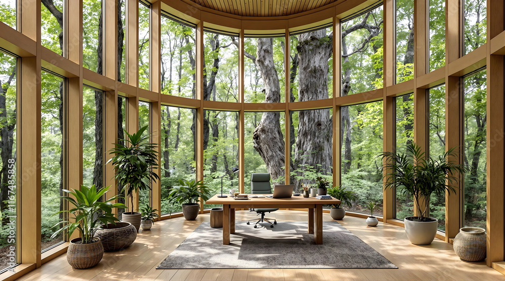 Modern Office Surrounded by Forest, Natural Workspace, Glass Windows, Tree View Modern Office Surrounded by Forest, Natural Workspace, Glass Windows, Tree View