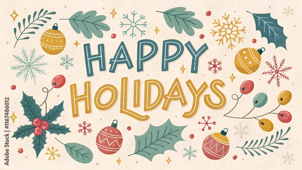 Happy Holidays banner design for greeting congratulation card with calligraphic font, background, badge, invitation, calendar, etc. Happy Holidays banner design for greeting congratulation card with calligraphic font, background, badge, invitation, calendar, etc.