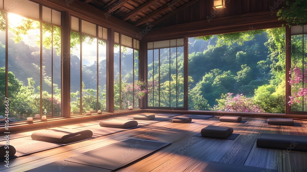 Tranquil yoga studio with natural sunlight and serene mountain views. Tranquil yoga studio with natural sunlight and serene mountain views.