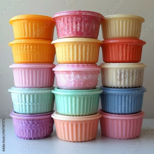 A stack of colorful plastic containers, each with a different color photo