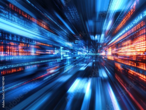 Image depicting futuristic digital data streaming through a luminous cityscape, representing speed, technology, and the rapid flow of information in a high-tech era