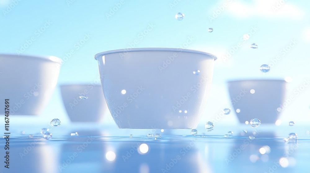 A serene scene featuring white bowls floating on water with splashes and a blue sky backdrop. A serene scene featuring white bowls floating on water with splashes and a blue sky backdrop.