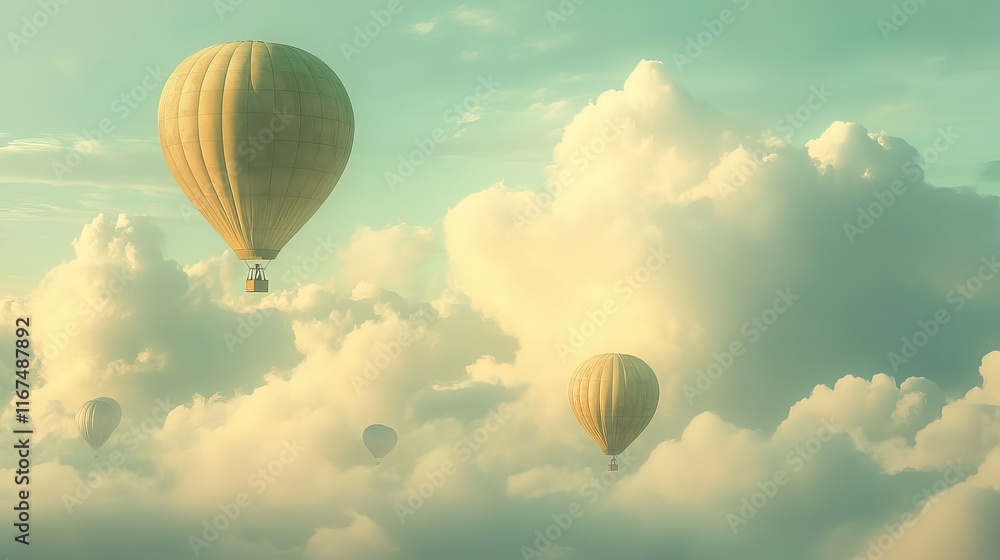 Obraz premium Hot Air Balloons Floating Over a Cloudy Sky with EPS 10 Transparency