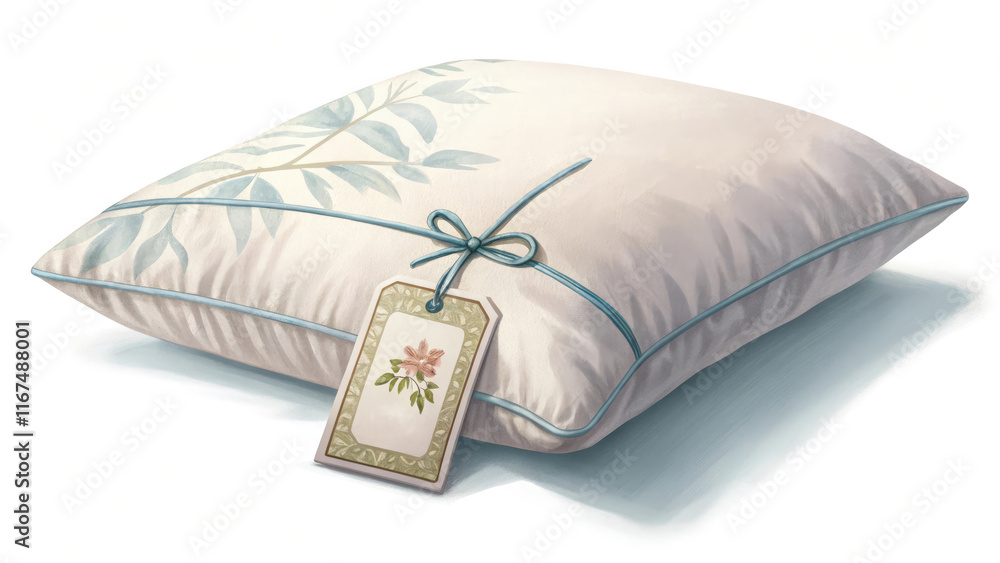 Digital painting of a plush pillow with a small decorative tag. Digital painting of a plush pillow with a small decorative tag.