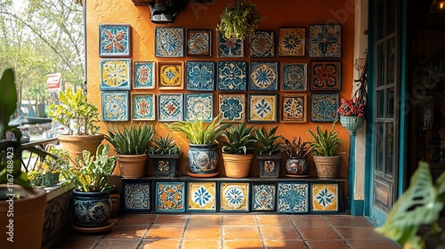 Colorful Tiles And Potted Plants Adorn A Sunny Patio Wall