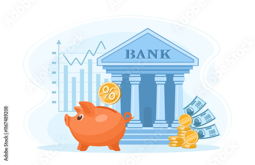 Piggy bank, money, coins, dollars and bank building. Concept of banking, capital accumulation, money savings, investment, finance and banking services. Vector illustration in blue color.