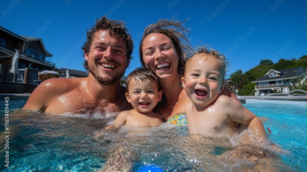 Enjoying summer vibes at the pool together. Happy family relaxing by the clear blue pool.. Enjoying summer vibes at the pool together. Happy family relaxing by the clear blue pool..